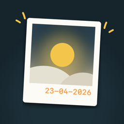 Anno app icon: a cream polaroid print with a yellow sun and a date stamp, sparks either side