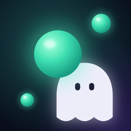 More DOT app icon: a white ghost among three glowing mint dots on a dark starfield